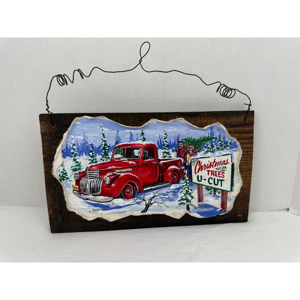 Vintage Hand Painted Christmas Red Truck Rustic Wood Sign‎ Folk Art Holiday